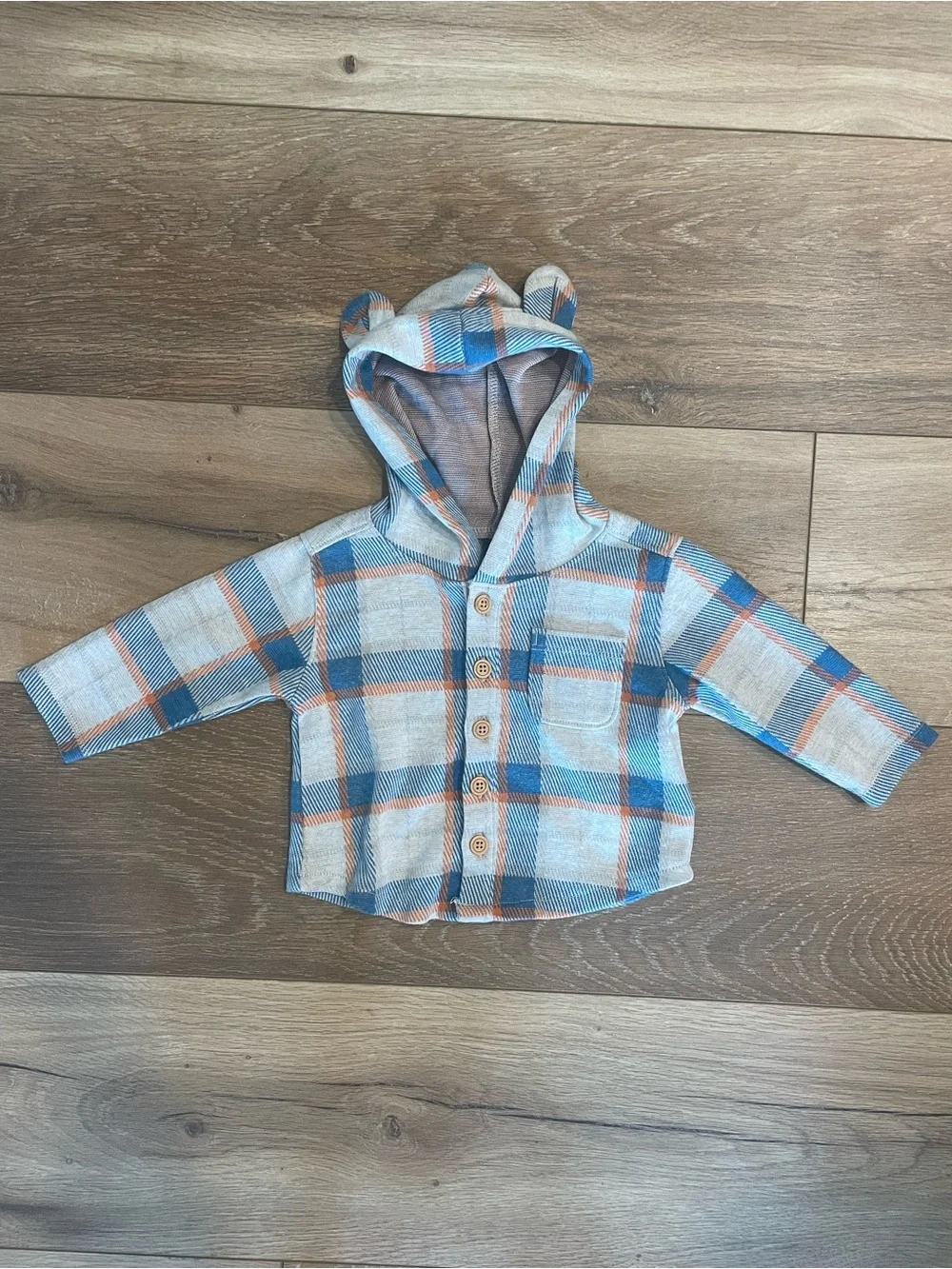 NWOT Baby Blue Plaid Hooded Button-Up Shirt